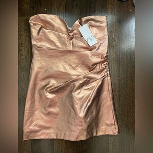 NWT ZARA Sweetheart Metallic Bronze Strapless Playsuit Jumpsuit Dress Large